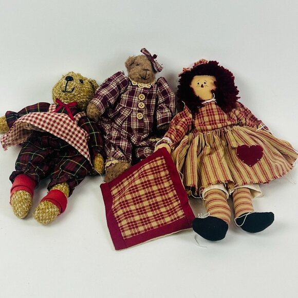 Vintage Rag Doll & Teddy Bear Collectors Set Plaid Outfits Rustic style Soft Rag - Picture 4 of 4